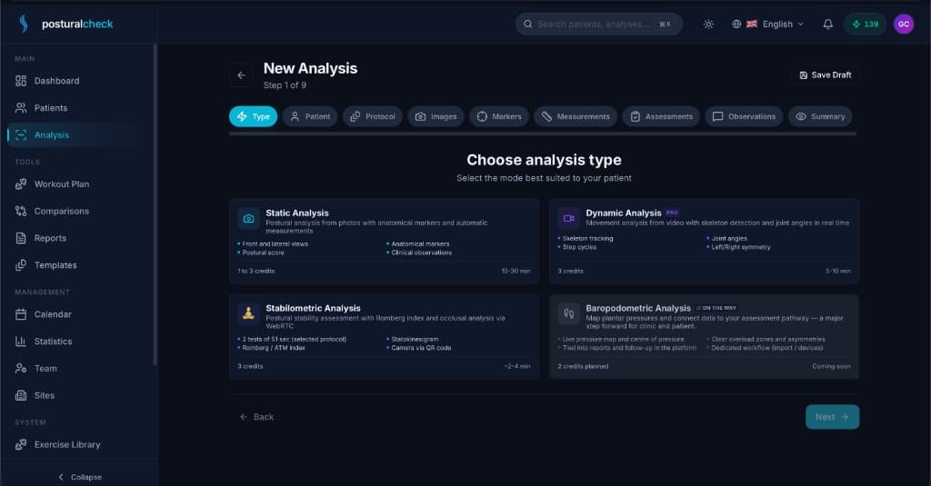 Sélection du type d'analyse : statique, dynamique, stabilométrique, avec coût de crédit par type