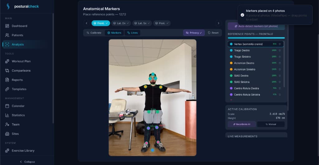 Vue d'analyse avec des repères anatomiques superposés sur la photo du patient et le panneau de confiance de l'IA