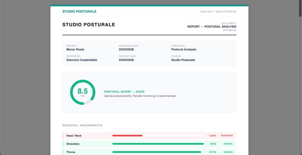 Exemple de rapport PDF avec score postural et barres d'évaluation régionales